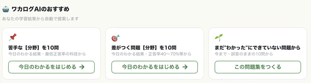 ワカログAIのおすすめの3つのカード。苦手な分野を10問、差がつく問題を10問、まだわかったにできていない問題から