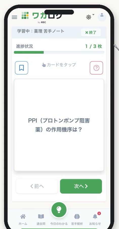 単語帳の学習画面。薬理 苦手ノートのカード表面に、PPI（プロトンポンプ阻害薬）の作用機序は？と表示されている