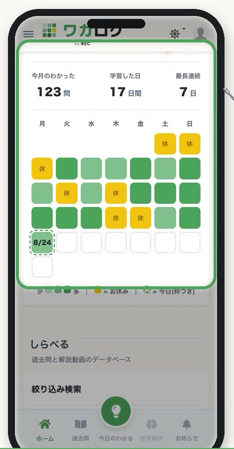 学習ログの画面。今月のわかった123問、学習した日17日間、最長連続7日と、日ごとの記録がマス目でならんでいる